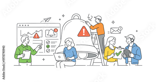 A system alert management and notification control scene showing a small team handling updates around a large bell and a dashboard panel, using a clean visual metaphor of