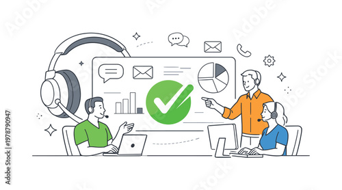 A business operations and communication concept where call centers manage customer interactions and maintain service quality across channels, represented by a minimal