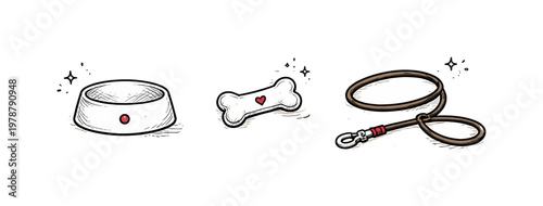 Pet care items theme a horizontal row of 3 related hand-drawn objects on a white background: a simple pet bowl with a tiny red dot accent, a small bone-shaped treat