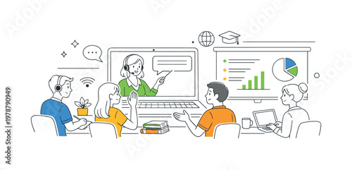 Online lecture remote education scene showing a small group of students attending a virtual class and engaging with a teacher through digital platforms in a structured