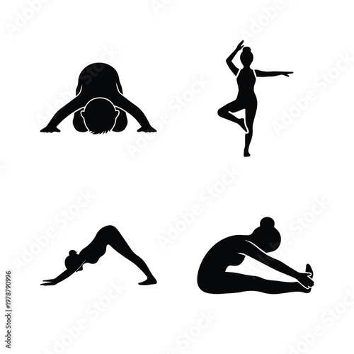 Four essential yoga stretching poses illustrated as female silhouettes for wellness and health branding