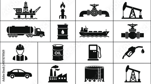 Oil and gas industry related icons and symbols in grid layout