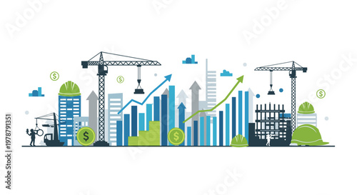 Conceptual illustration of a blue city construction site integrates vibrant green growth arrows and bar charts with golden dollar sign coins for economic success.