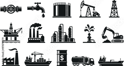 Black and white icons of industrial and construction equipment and buildings and vehicles  oil and gas