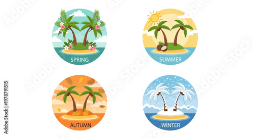 Seasonal illustration of palm trees on a tropical island with various weather conditions