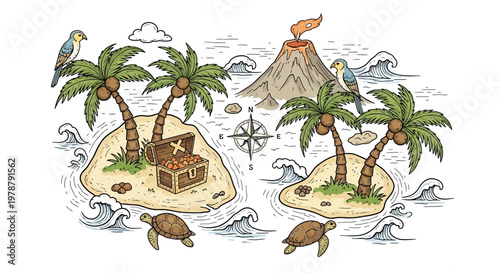 An illustration of a serene island with palm trees, a volcano, and a treasure chest surrounded by sea turtles and exotic birds.