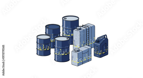 Several dark blue oil barrels and rectangular storage tanks are uniquely decorated with glowing yellow patterns resembling a vibrant nighttime city skyline at dusk.