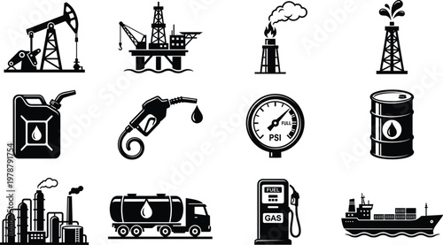 Black and white icons of various oil and gas industry related equipment and vehicles in use today