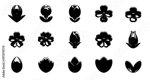 Modern Black Floral 3D Icon Set Minimal Flower Symbols Isolated on White