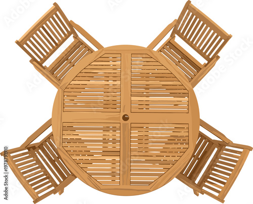 Wooden Garden Table and Chair Set Top View Outdoor Furniture Illustration for Patio Dining and Backyard Design
