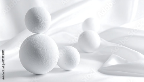 Minimalist composition of white spheres on a white background.
