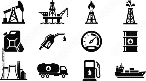 Black and white icons of various oil and gas industry related objects and vehicles  oil rigs to fuel tanks
