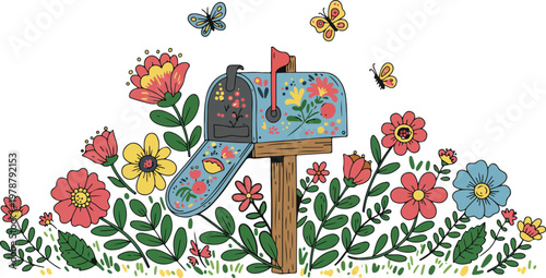 A colorful spring nature illustration featuring cute birds and butterflies among floral garden patterns and leafy trees under a happy sunny sky