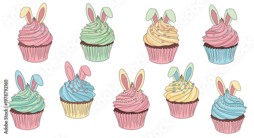 A delightful collection of nine colorful tasty Easter cupcakes features pastel frosting swirls decorated with tiny pearls and whimsical bunny ear toppers.