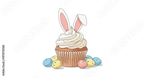 A single gourmet cupcake with tall white frosting and pink bunny ears is surrounded by a cluster of colorful speckled chocolate Easter eggs below it.
