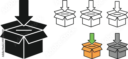 Box icons demonstrate the logistics concept of inserting items into a parcel for shipping.