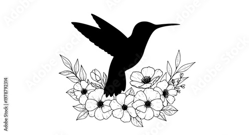 Hummingbird Hybrid Vector – Silhouette Bird with Line Floral Detail