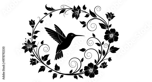 Decorative Hummingbird Vector – Floral Vine Composition