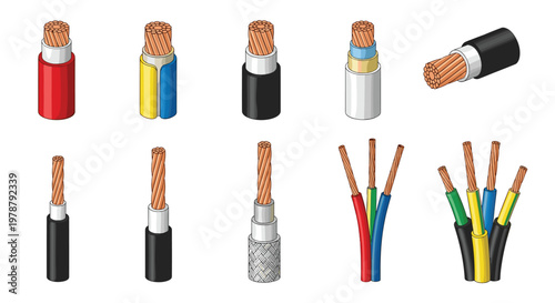 A diverse set of various electrical cable samples showcases different core configurations insulation colors and protective shielding layers in a grid.