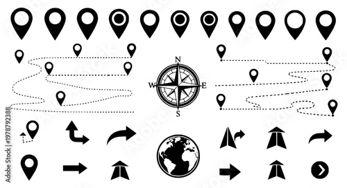 Travel Route Map Vector Icons – Location Pins and Navigation Set