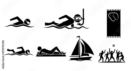 Beach Activities Vector Icons – Swimming Snorkeling Sailing Set