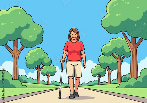Cartoon woman with prosthetic leg walks sunny park path among trees