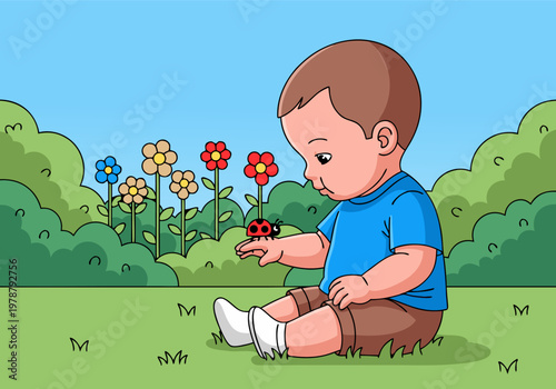 Cartoon boy sitting on grass in park holding ladybug under blue sky
