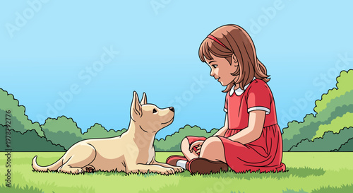 Girl in red dress and tan dog share quiet moment on park grass under blue sky
