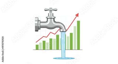 A continuous stream of clear blue water pours from a polished silver metal faucet over a rising green bar chart and a sharp ascending red line graph.