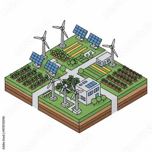 Sustainable energy farm with solar panels and wind turbines.
