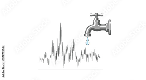A single translucent blue water droplet falls from a silver metal faucet positioned above a detailed grey fluctuating line graph on a white background.