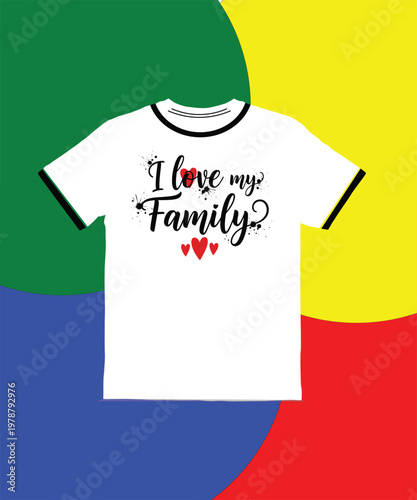 White tshirt with black and red text and hearts on colorful background