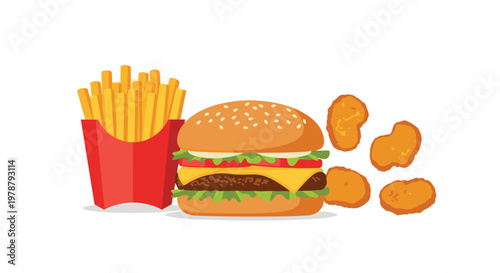 A classic multi-layered cheeseburger with fresh lettuce and tomato is positioned next to a red carton of french fries and several golden chicken nuggets.