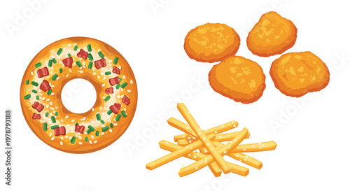 A savory glazed donut topped with crispy bacon bits and fresh green chives is arranged beside warm golden chicken nuggets and salted crispy french fries.