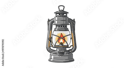 A metallic grey vintage oil lantern with a warm glowing orange flame inside its protective glass chamber stands centered against a pristine white background.