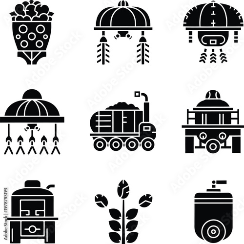 Set of industrial agriculture and smart farming icons featuring drone spraying, autonomous tractor, and robotic crop monitoring systems flat vector.