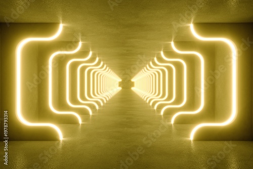 gold modern lighting with interior empty tunnel, 3d rendering sci-fi concept