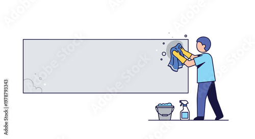 A person wearing a blue uniform and yellow protective gloves uses a blue cloth to meticulously wipe a large rectangular grey surface during routine cleaning.