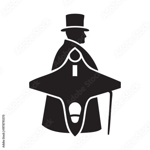 Silhouette of a gentleman in top hat and cape holding a cane, abstract design with futuristic elements