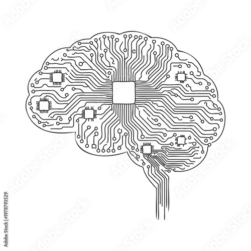 detailed line art illustration of human brain with circuit board technology concept for a and innovation