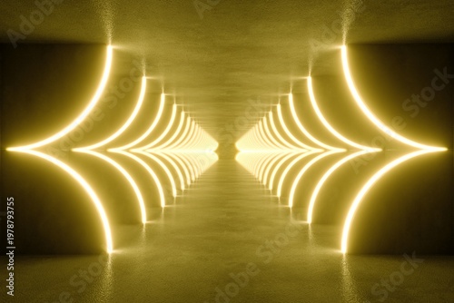 gold modern lighting with interior empty tunnel, 3d rendering sci-fi concept