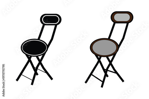Minimalist folding chair vector set, portable black and grey metal chairs with round seats, modern furniture icons for interior design and events