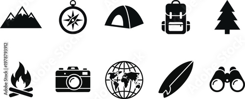 Collection of travel and outdoor icons on white background