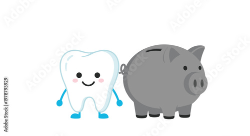 A friendly cartoon tooth character with blue arms and legs stands happily beside a large grey piggy bank on a minimalist white background setting.