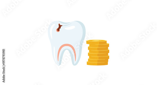 A single detailed human tooth with a visible brown cavity is positioned next to a tall stack of shining gold coins against a clean white background setting.
