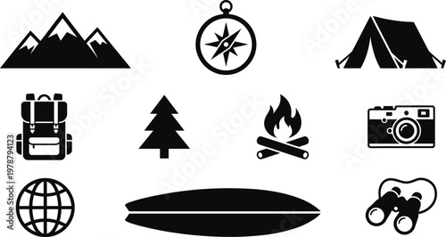 Black and white icons of travel and adventure symbols and objects used for navigation and leisure activities