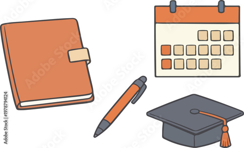 Study Planning and Time Management Concept with Desk Setup and Graduation Cap Hand Drawn Vector