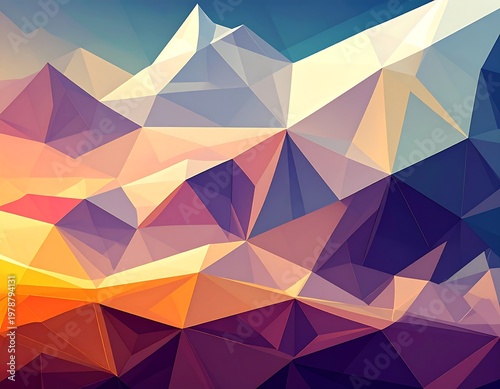 Abstract geometric artwork, featuring triangular shapes in vibrant hues of orange, purple, and blue, suggesting a mountain landscape and sky