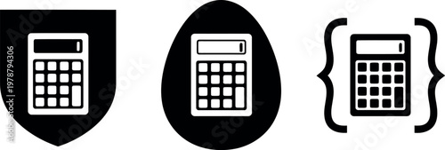 Black and White Calculator Icon Set with Shield, Egg, and Bracket Shapes for Finance and Education