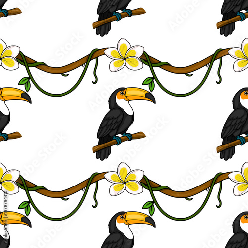 Tropical toucan and frangipani flower seamless pattern vector illustration